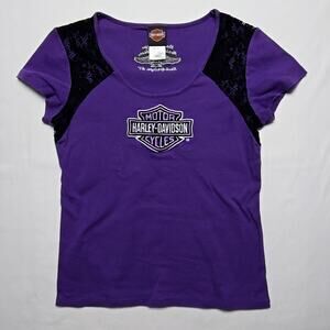 Harley Davidson Purple Lace Shirt Embroidered Rock Springs Wyoming Womens XL